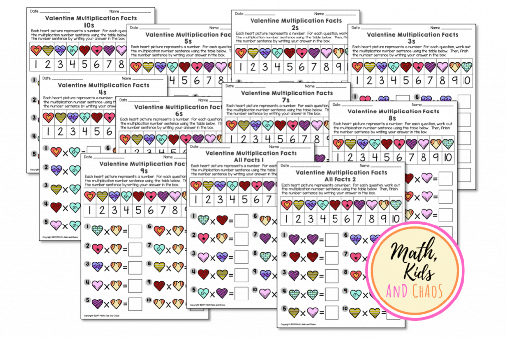 11 valentine multiplication worksheets with a heart theme