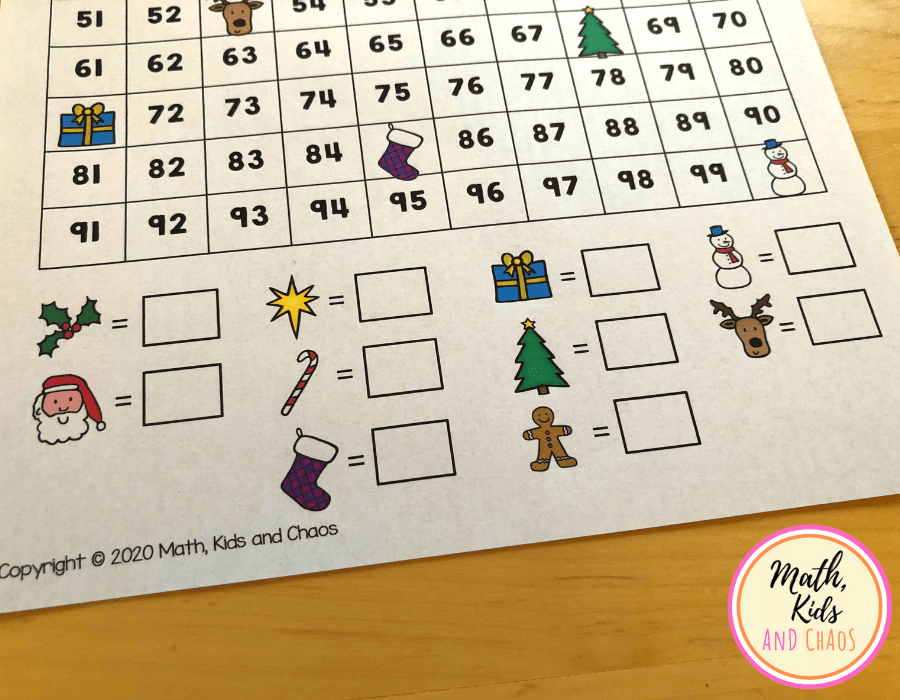Christmas missing number worksheet answer boxes