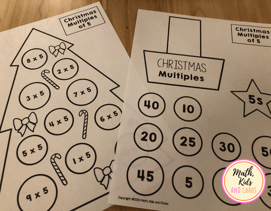 Christmas tree math craft template for multiples of 5. Two pages: one with tree outline and one with baubles with numbers inside.
