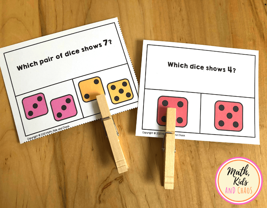 Two clip cards featuring dot patterns on dice.