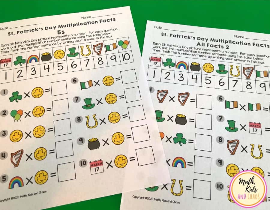 St. Patrick's multiplication worksheets for 5 times tables and All Facts 2
