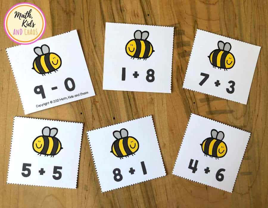 six bee addition and subtraction cards.