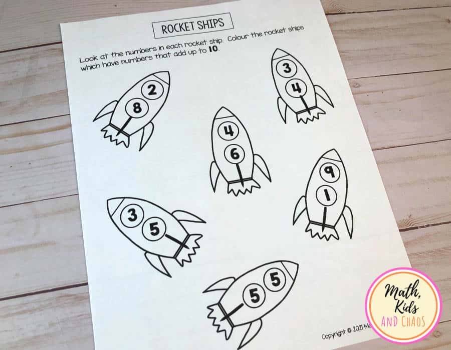 'Rocket Ships' number bond printable by Math, Kids and Chaos