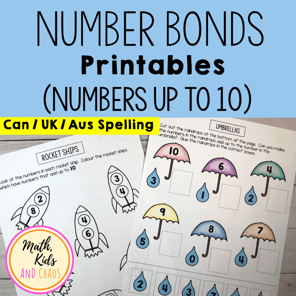 Number bonds printables 1 to 10 (Can/UK/Aus spelling) product cover