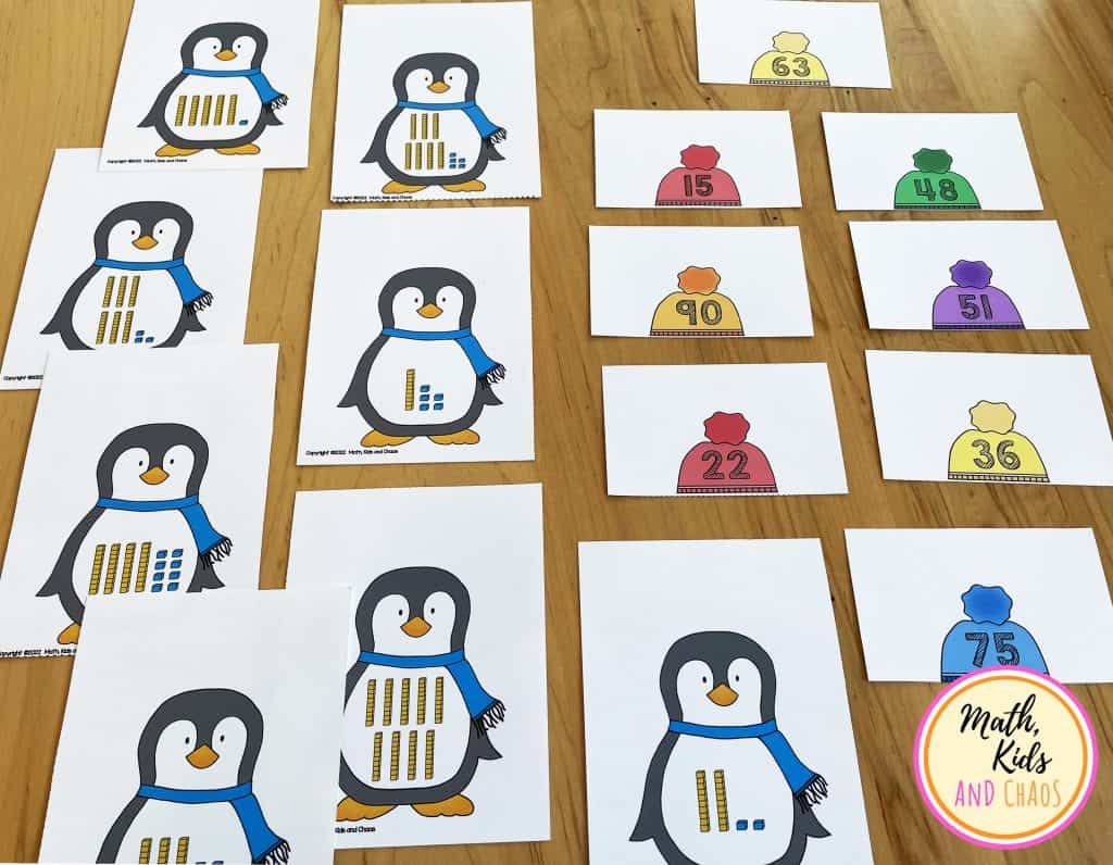 PLACE VALUE PENGUINS MATCHING ACTIVITY - 8 PENGUINS AND 8 HATS
