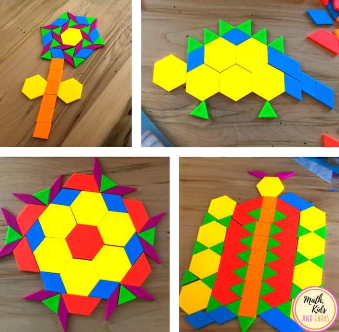 pictures made of pattern blocks: a flower, dinosaur, flower head and bug