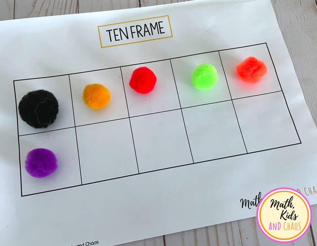 ten frame printable with 6 coloured pom poms in 6 of the squares