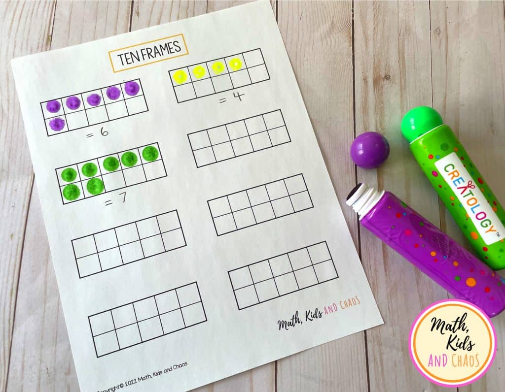 a page with 8 ten frames. Three of the ten frames completed with dot markers to show numbers 6, 4 and 7