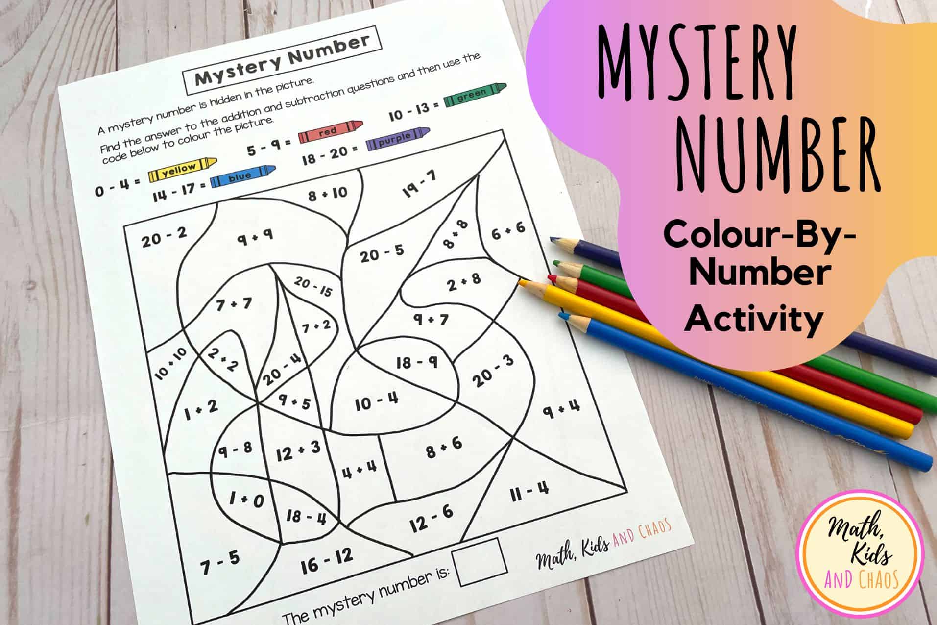 mystery number colour-by-number activity for addition and subtraction within 20