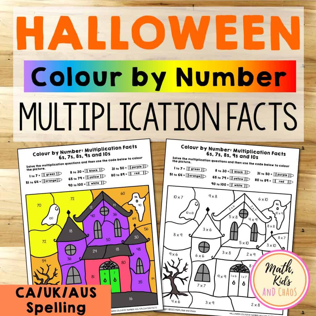 Halloween Colour-by-Number Worksheets for Multiplication Facts (CA/UK/AUS spelling) product cover.