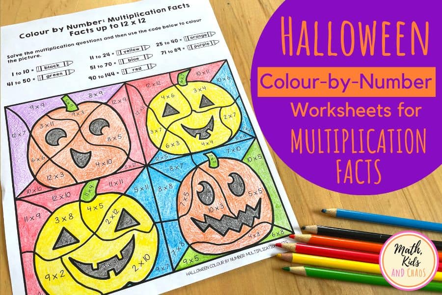 Halloween Colour-by-Number Worksheets for Multiplication Facts.