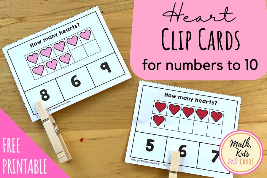 Heart Clip Cards for numbers 1 to 10