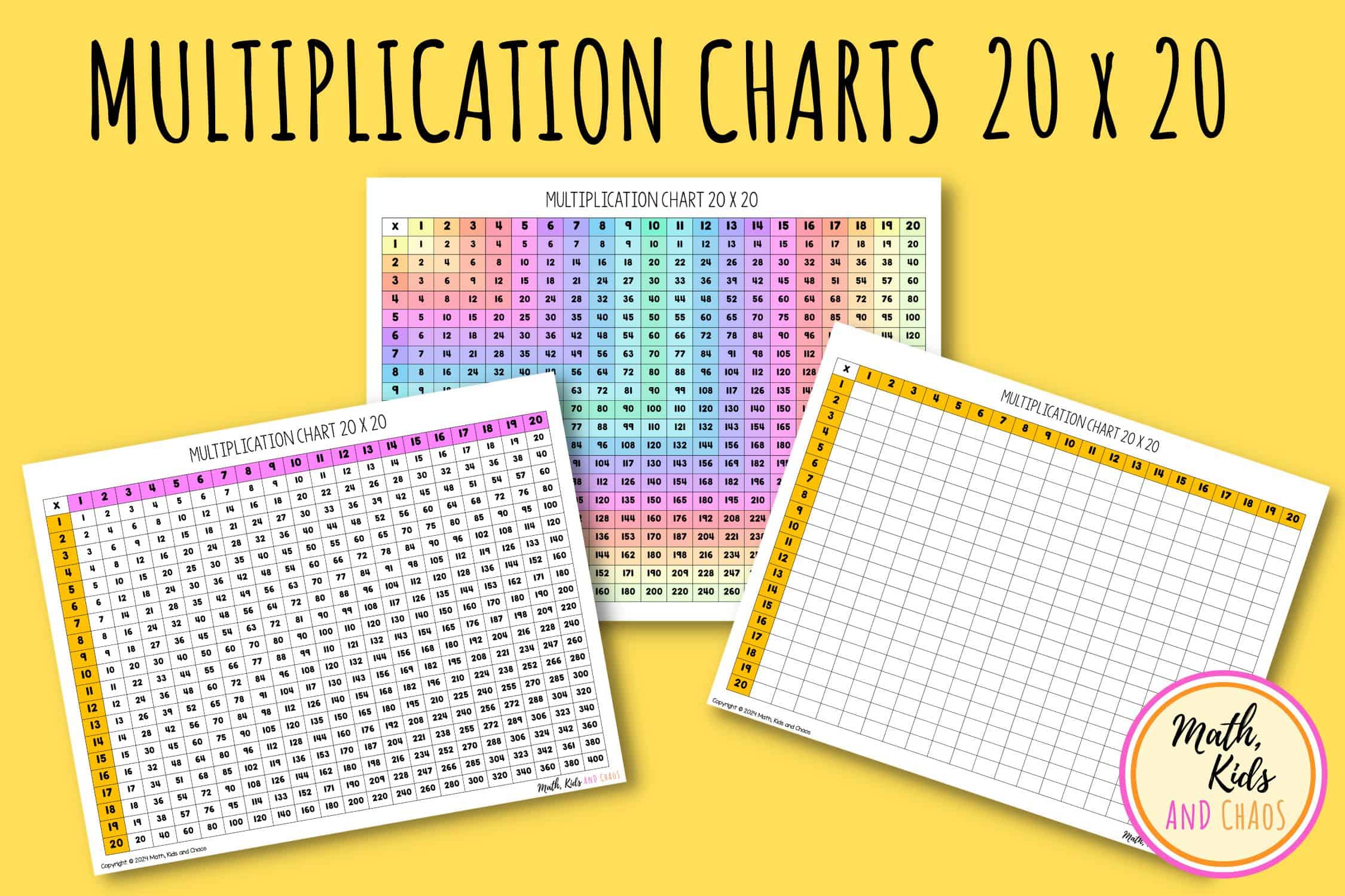 MULTIPLICATION CHARTS 20 X 20